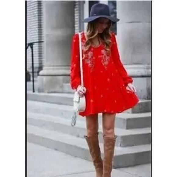 Free People Dresses & Skirts - Free People Sweet Tennessee Red Dress. Embroidered mini boho dress.